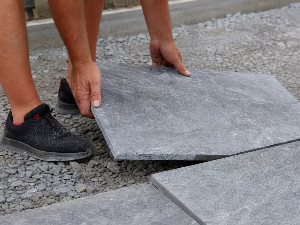 Verlegen großer Natursteinplatten für eine Terrasse