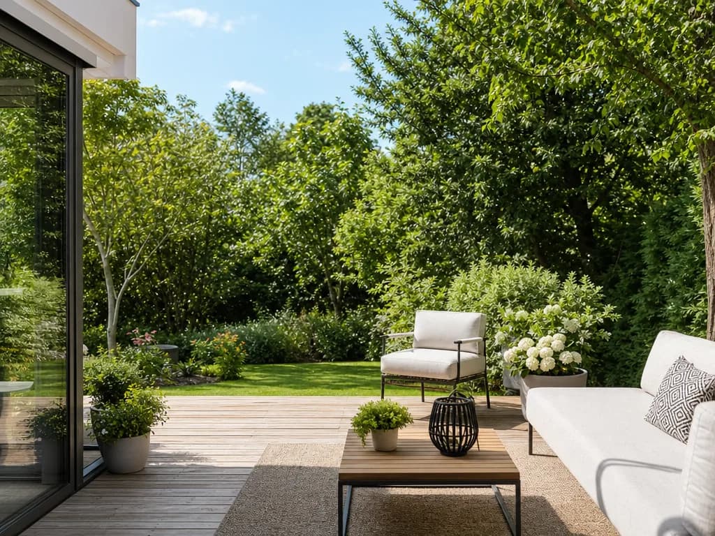 Holzterrasse mit Sitzmöbeln in einem grünen Garten